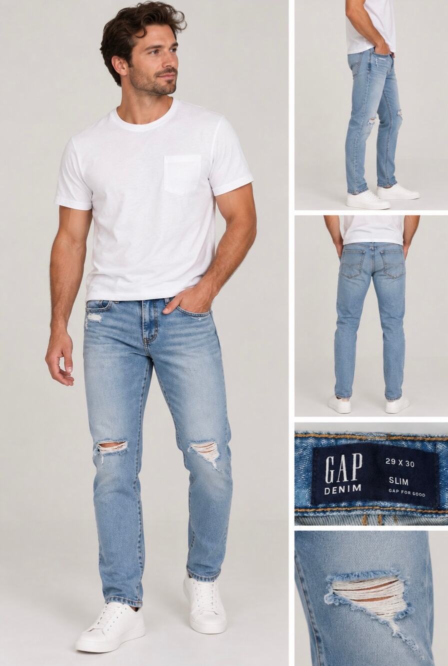 GAP Denim 29x30 Slim Jeans Light Wash Distressed Ripped Y2K Stretch Denim